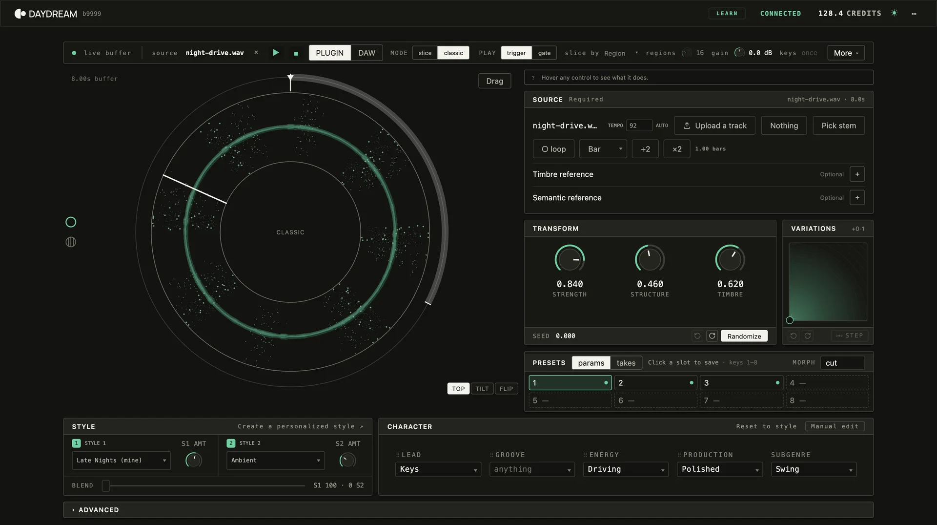 DreamSampler in Studio Dark: the ring visualiser holding an eight-second live buffer, Strength, Structure and Timbre knobs, presets, two Styles loaded, and the Character menus for lead, groove, energy, production and subgenre