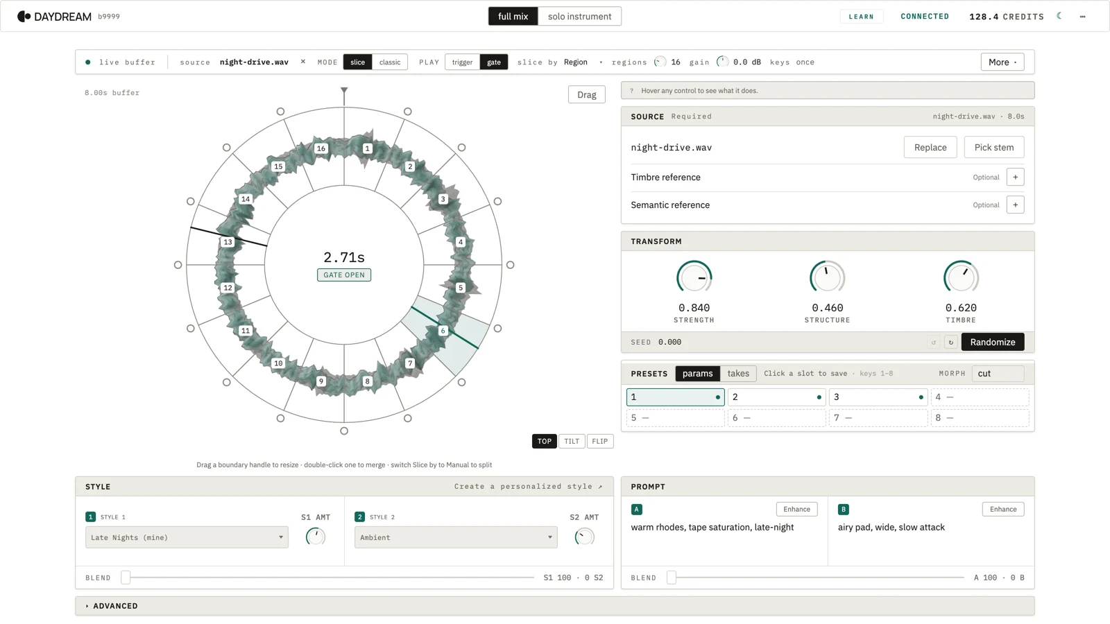 DreamSampler running in a DAW — an eight-second live buffer drawn as a ring of sixteen slices, the transformed audio rendered as a terrain field over it at high Strength, with two Styles loaded and Strength, Structure and Timbre under the player's hand