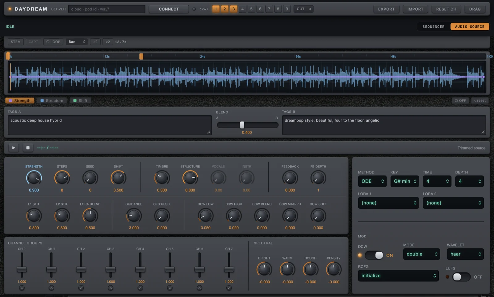 DreamSampler running in a DAW — waveform editor, A/B blending, and a full matrix of automatable parameter knobs