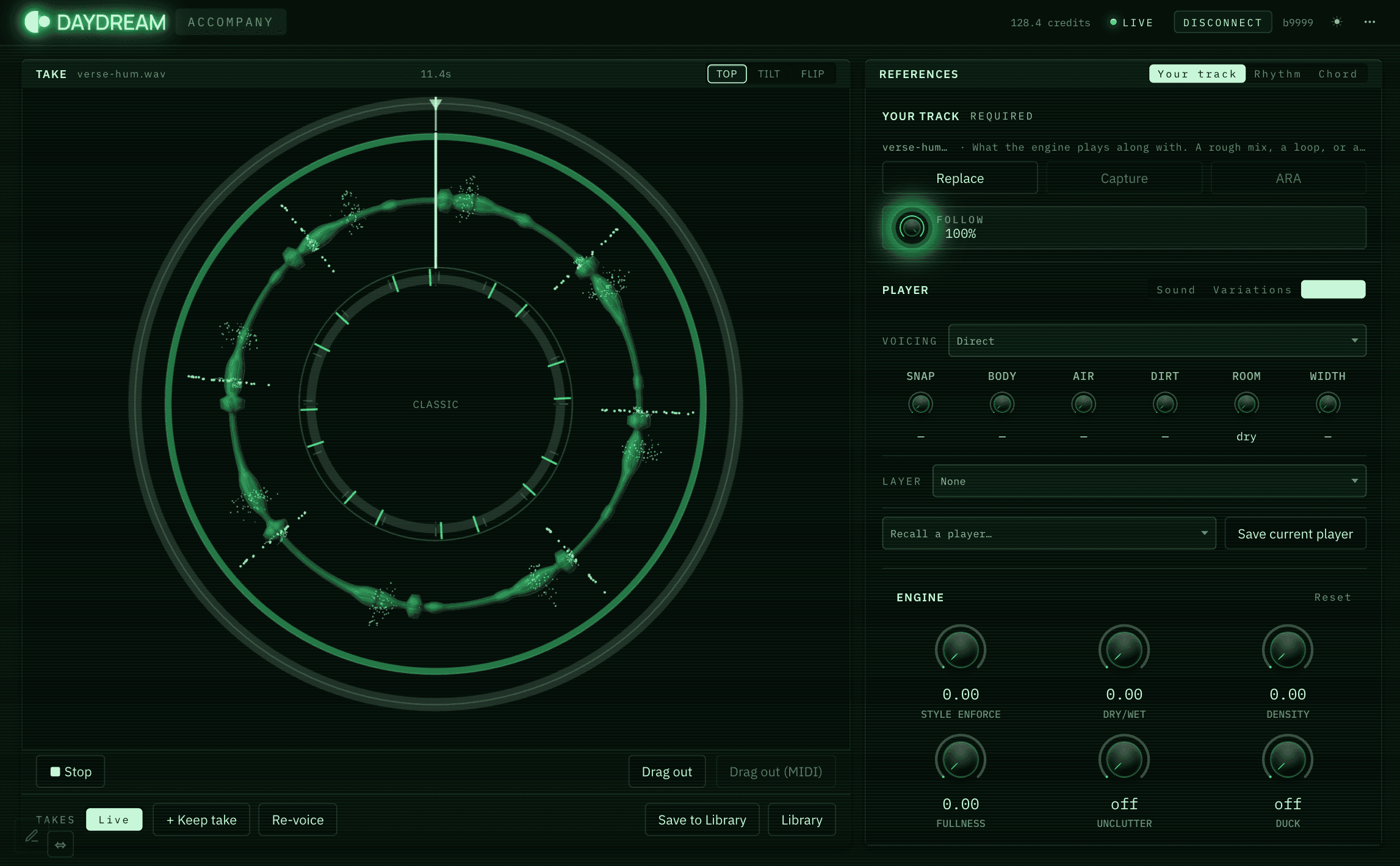 Daydream Accompany — a take drawn as concentric rings, with a follow control, player voicing and engine controls