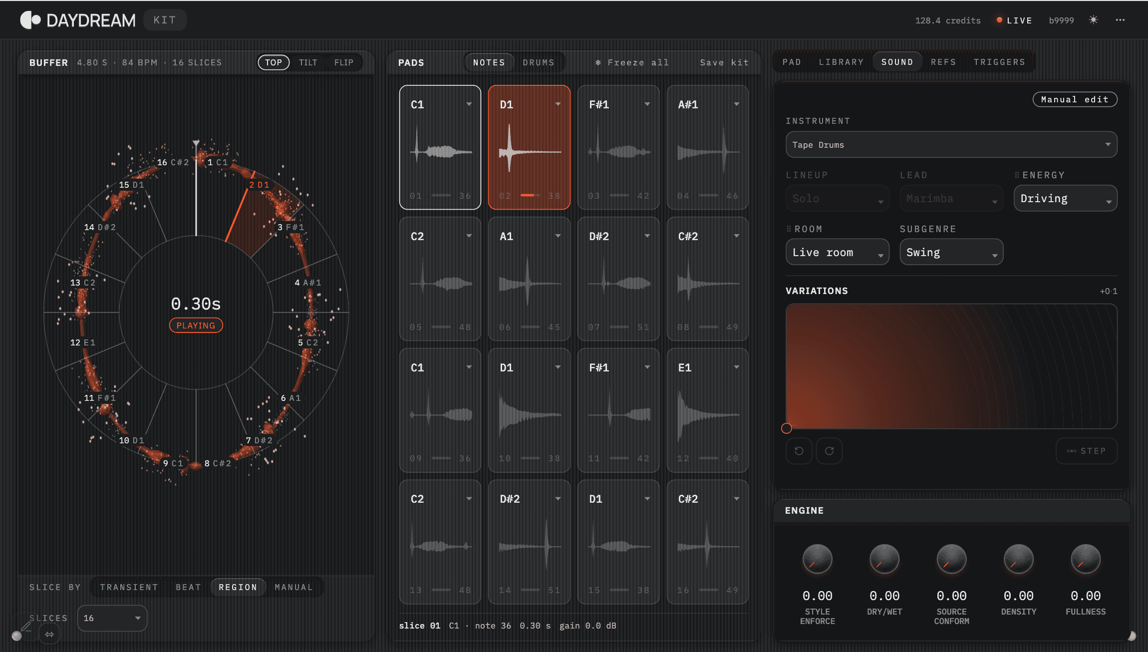 Daydream Kit — a sliced buffer mapped across sixteen pads, with per-pad sound and engine controls