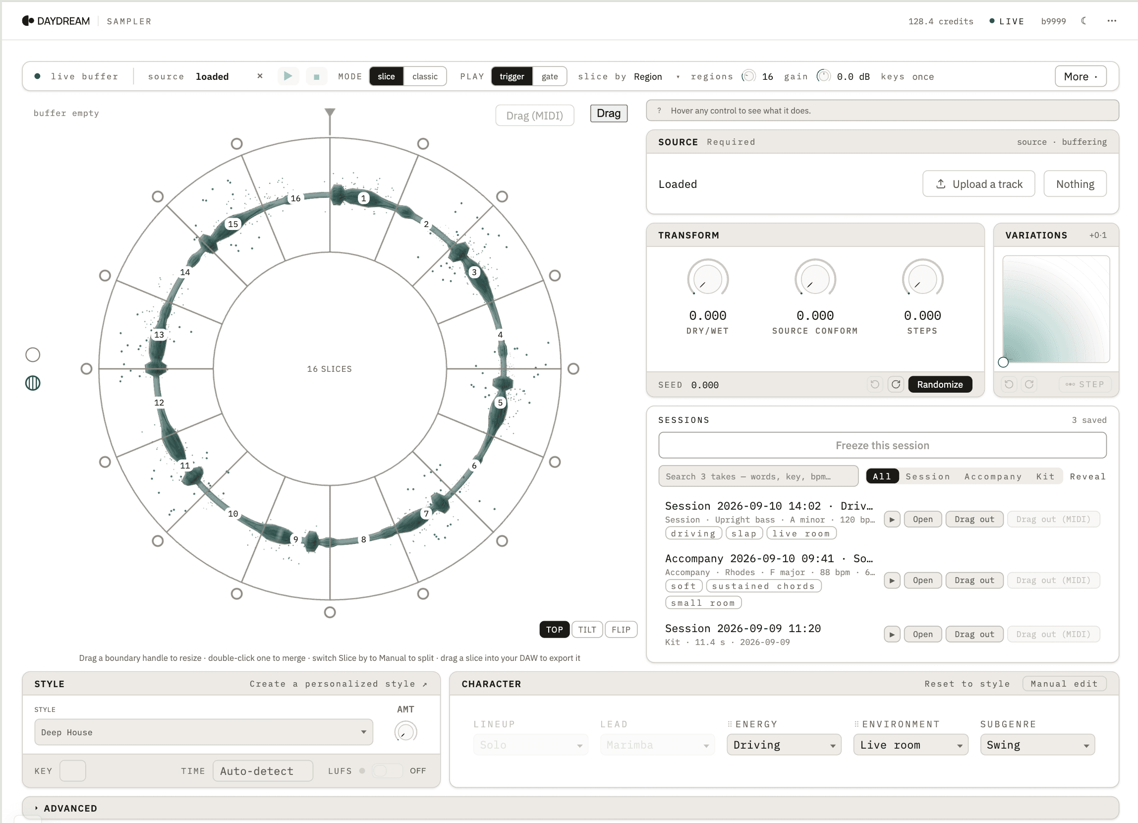 Daydream Sampler — a live buffer drawn as a ring of sixteen slices, with Transform macros, Style and Character panels