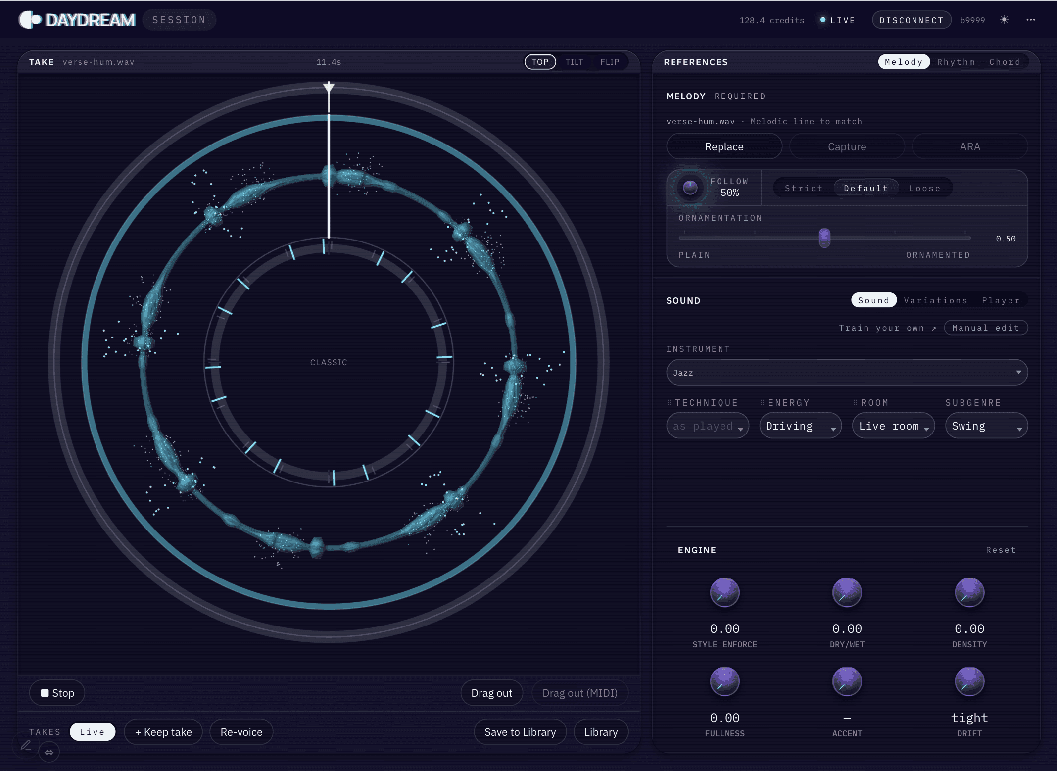 Daydream Session — a melodic take drawn as concentric rings, with melody references, instrument and engine controls