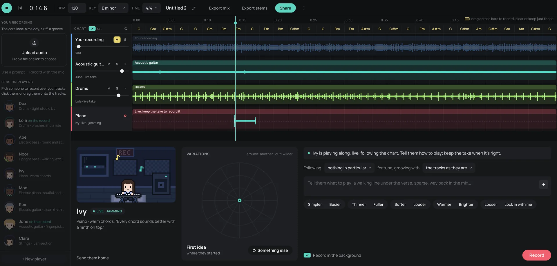 Studio: a chord chart across the top, your recording, acoustic guitar and drum tracks below, and Ivy, a piano session player, jamming along live with Simpler, Busier, Warmer and other direction buttons