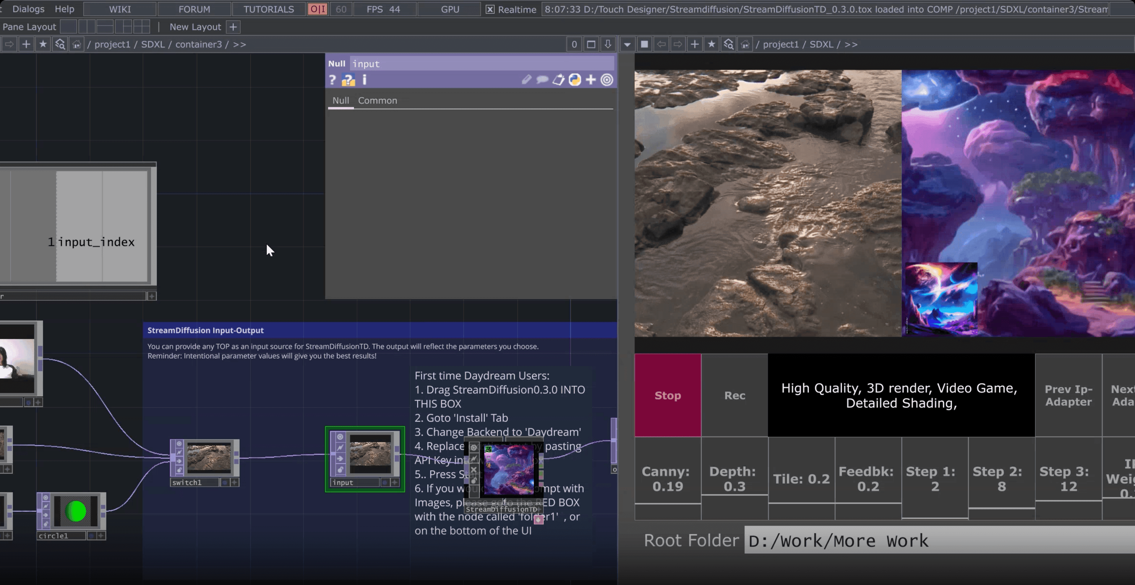 StreamDiffusionTD running in TouchDesigner with real-time AI generation