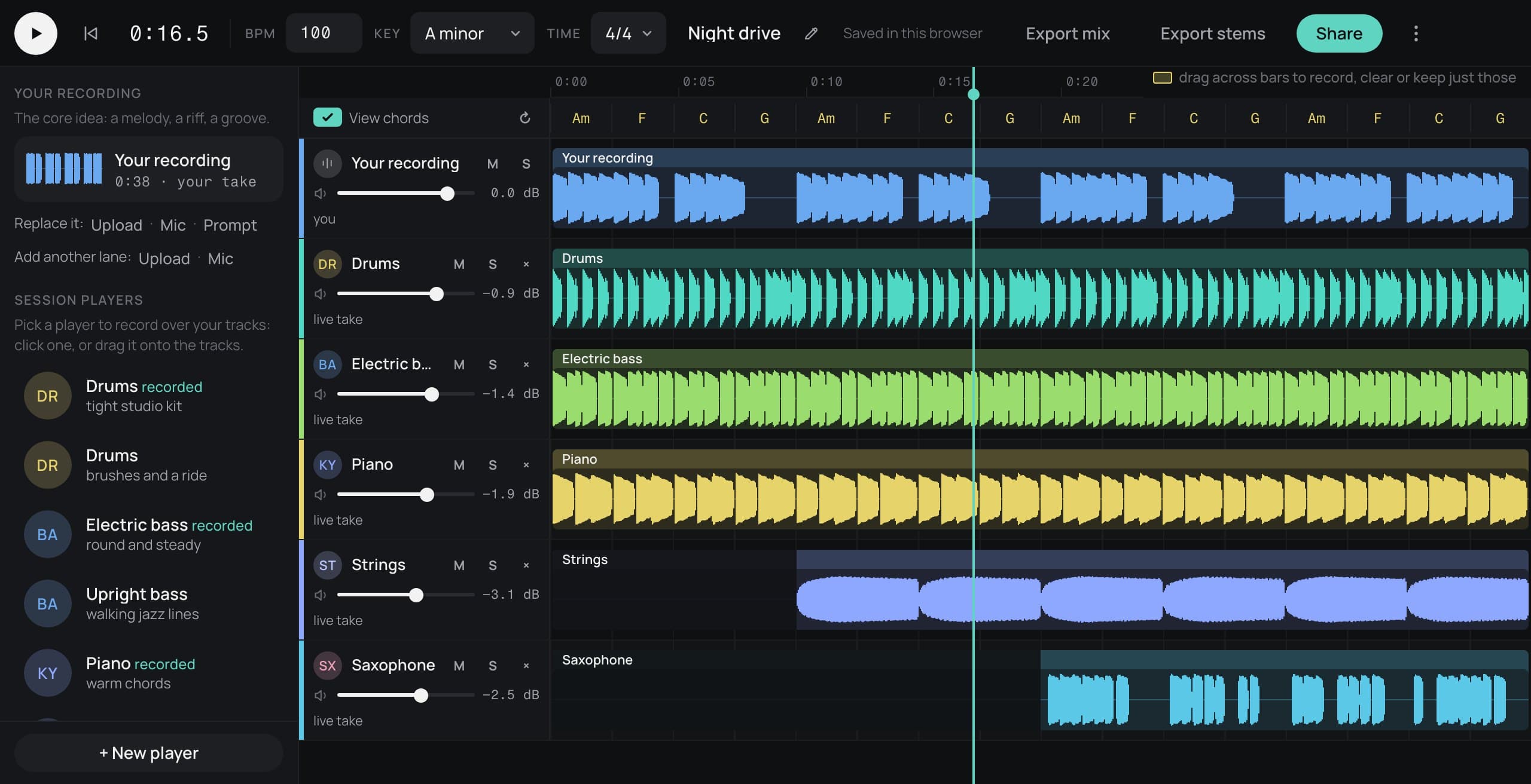 Studio: a chord chart across the top, your recording, then drums, electric bass, piano, strings and saxophone, each a live take from a session player